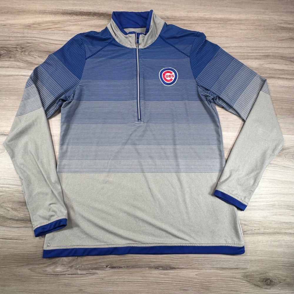 Antigua Chicago Cubs Womens 1/4 Zip Pullover Blue Grey Striped MLB 104052